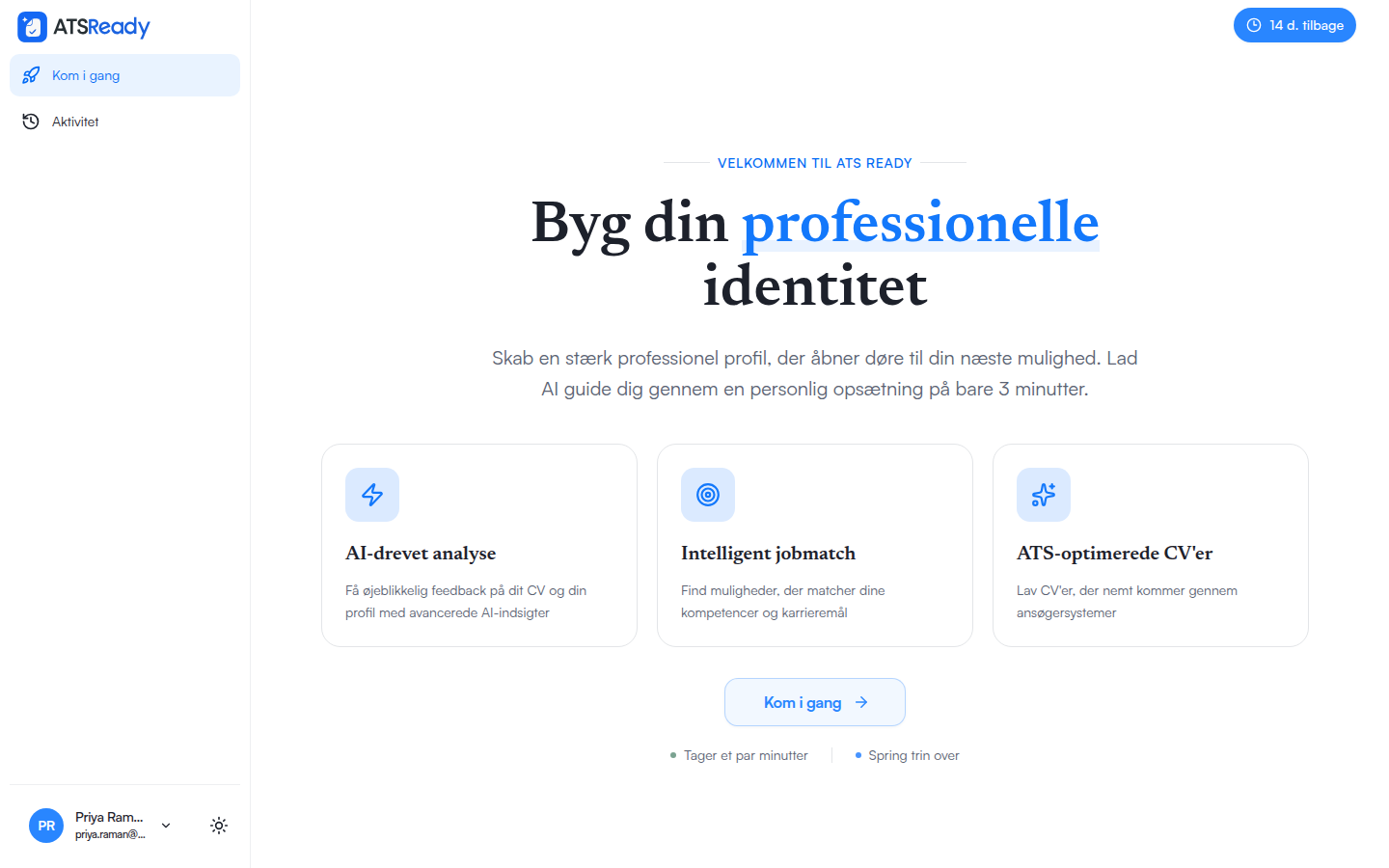 ATSReadys velkomstskærm efter login, der tilbyder at begynde opsætningen.