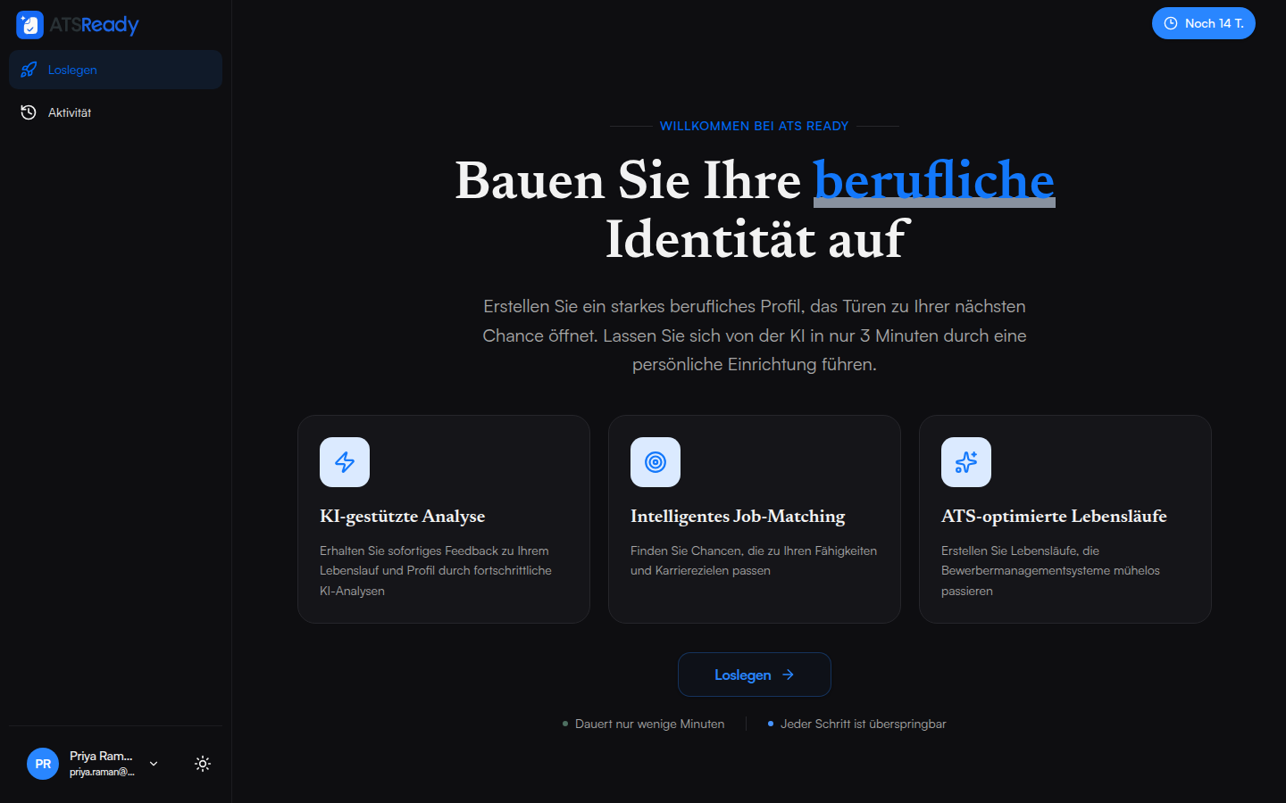 Der Begrüßungsbildschirm von ATSReady nach der Anmeldung mit dem Angebot, die Einrichtung zu beginnen.