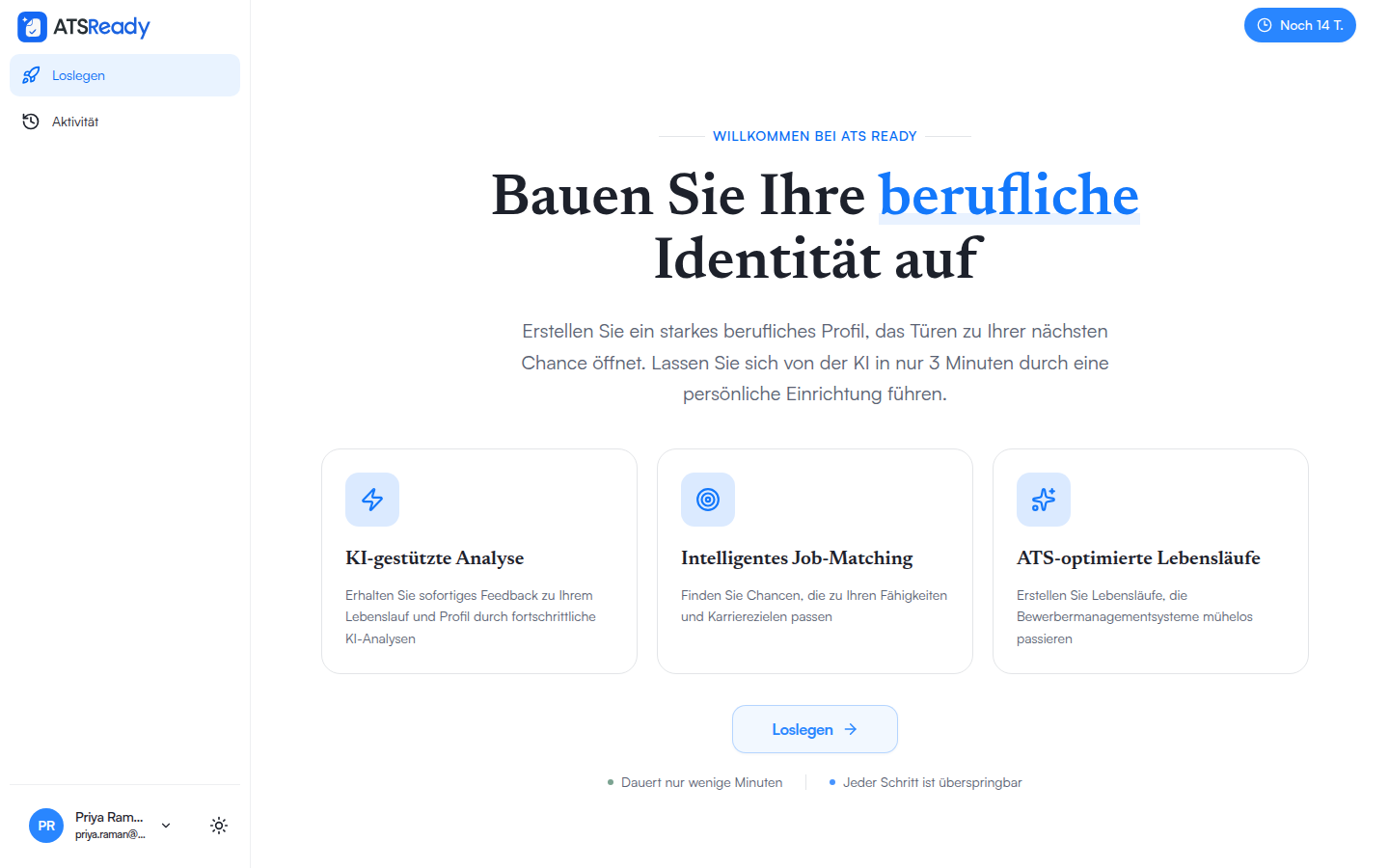 Der Begrüßungsbildschirm von ATSReady nach der Anmeldung mit dem Angebot, die Einrichtung zu beginnen.