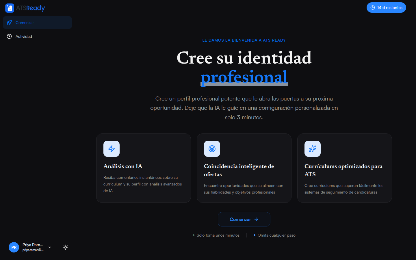 La pantalla de bienvenida de ATSReady tras iniciar sesión, con la opción de comenzar la configuración.
