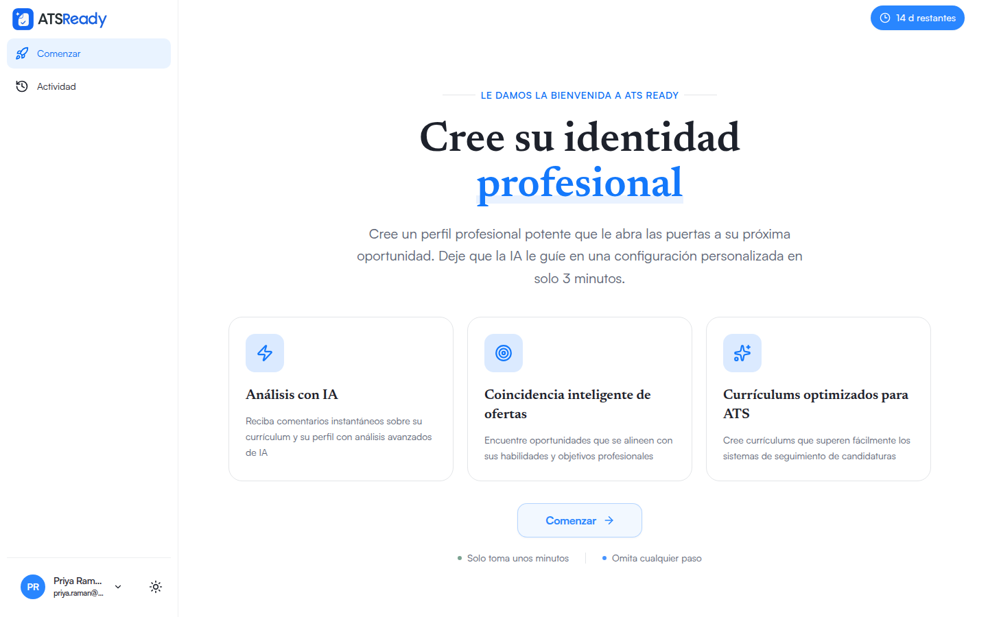 La pantalla de bienvenida de ATSReady tras iniciar sesión, con la opción de comenzar la configuración.