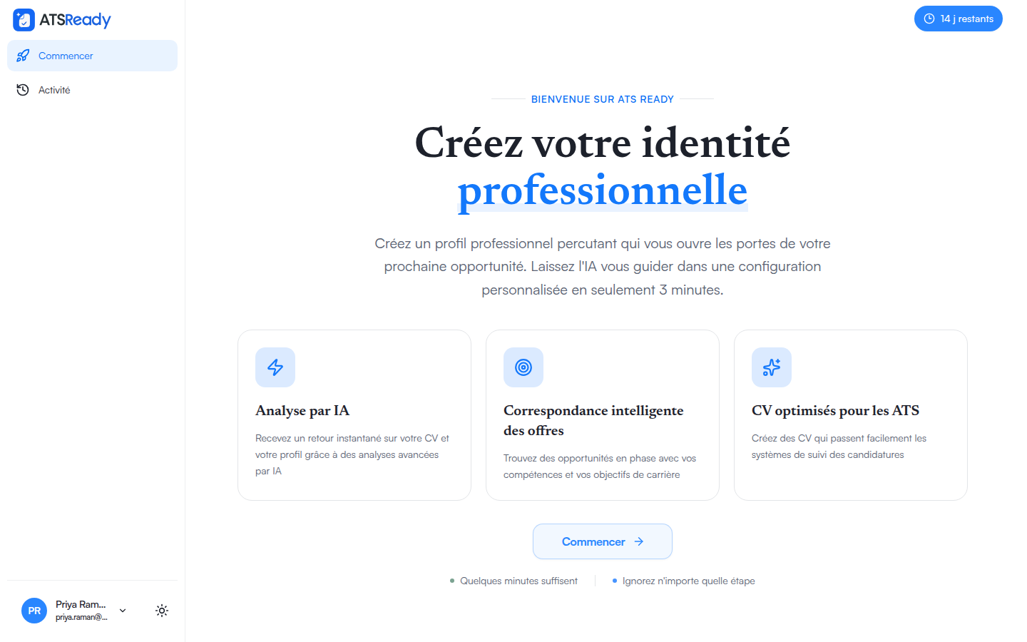 L'écran d'accueil d'ATSReady après la connexion, proposant de démarrer la configuration.