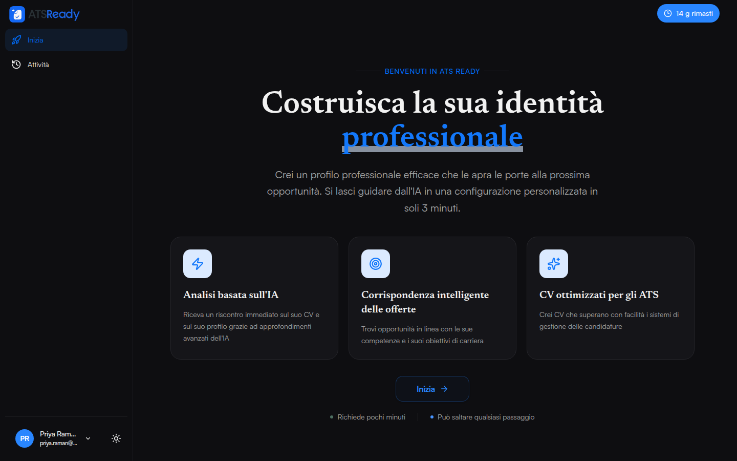 La schermata di benvenuto di ATSReady dopo l'accesso, che propone di iniziare la configurazione.