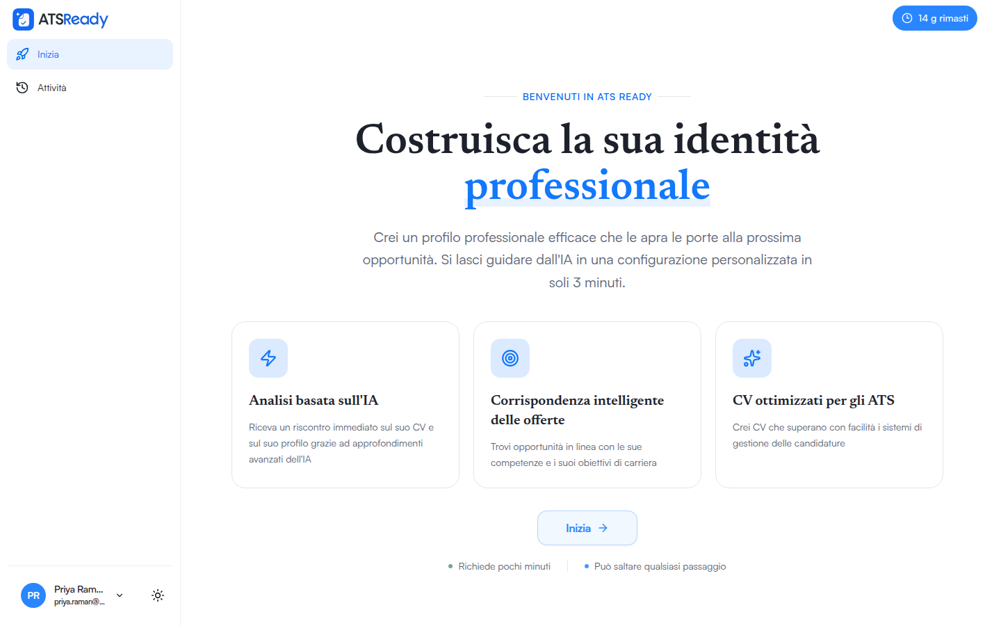 La schermata di benvenuto di ATSReady dopo l'accesso, che propone di iniziare la configurazione.