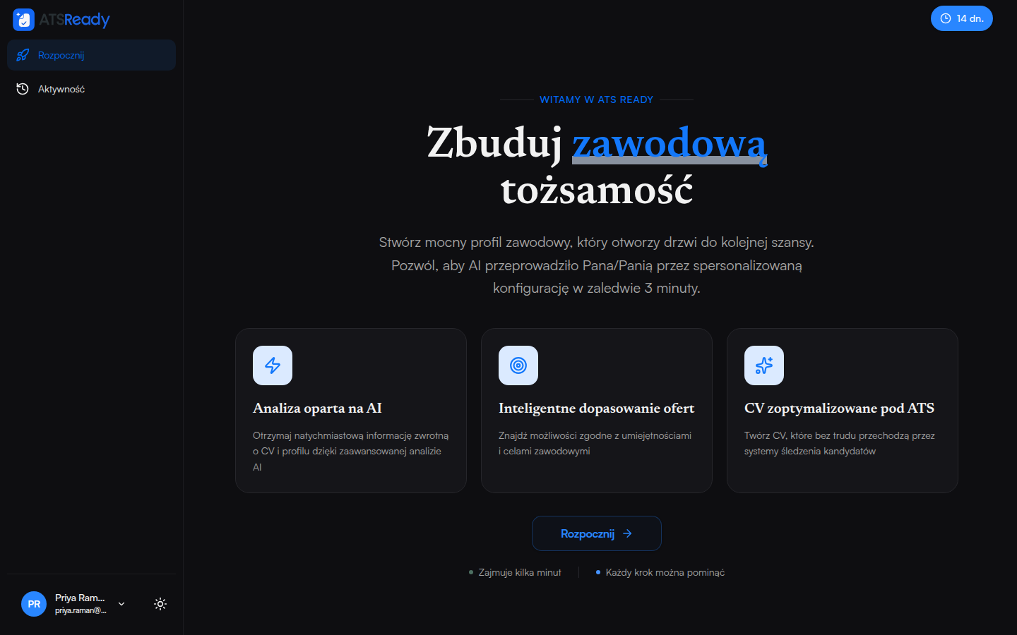 Ekran powitalny ATSReady po zalogowaniu, z propozycją rozpoczęcia konfiguracji.
