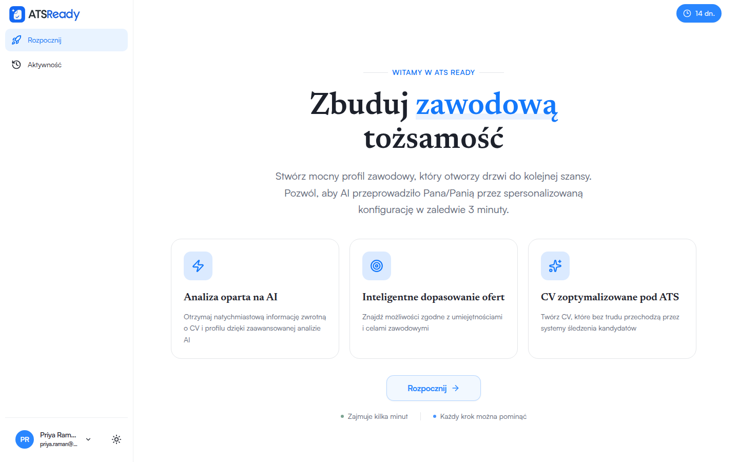 Ekran powitalny ATSReady po zalogowaniu, z propozycją rozpoczęcia konfiguracji.