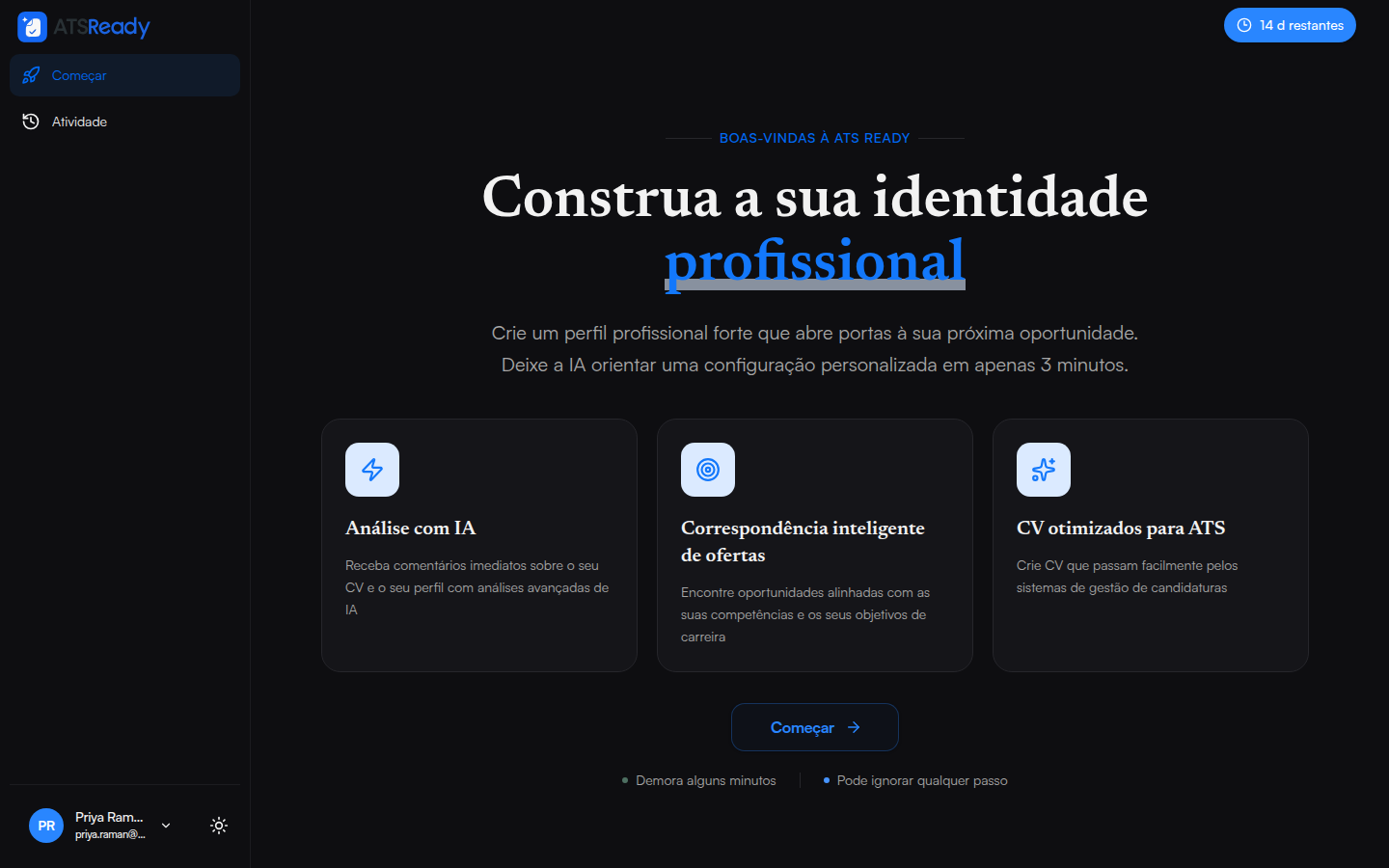 O ecrã de boas-vindas do ATSReady depois do início de sessão, a propor começar a configuração.