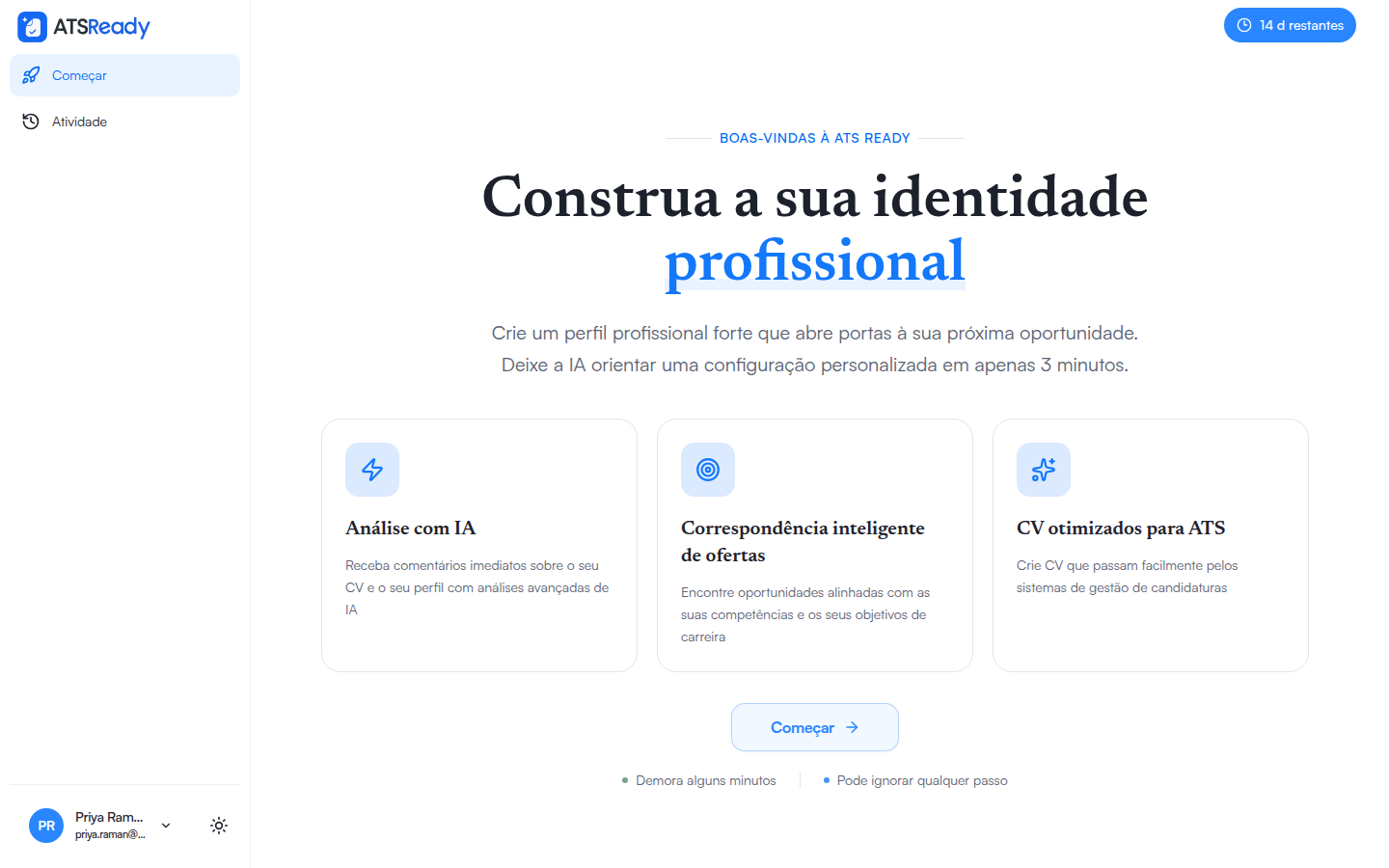 O ecrã de boas-vindas do ATSReady depois do início de sessão, a propor começar a configuração.