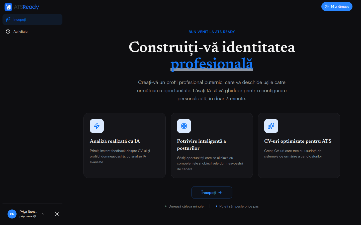 Ecranul de întâmpinare ATSReady după autentificare, care propune începerea configurării.