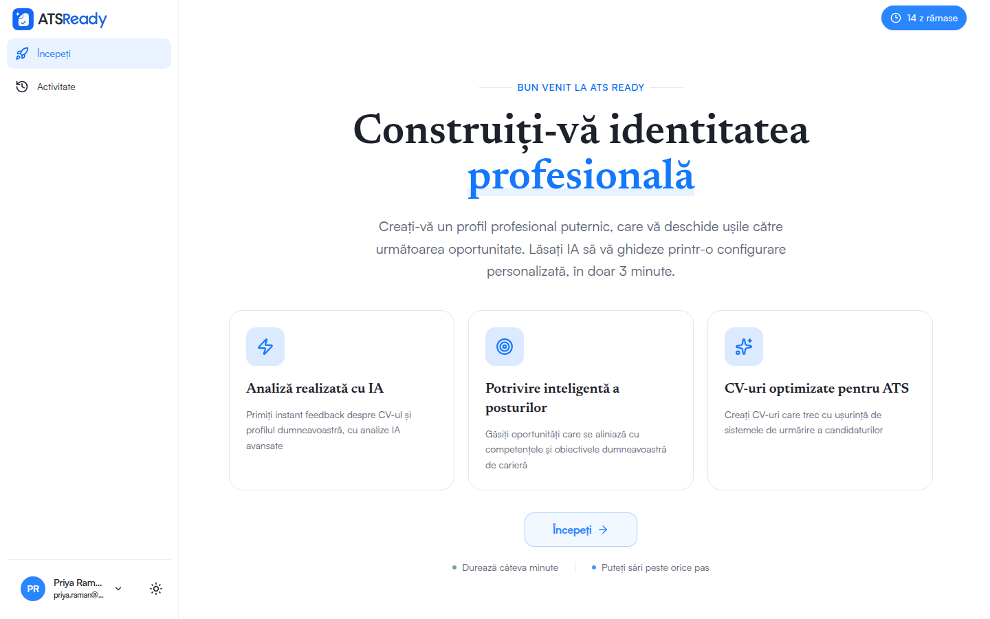 Ecranul de întâmpinare ATSReady după autentificare, care propune începerea configurării.