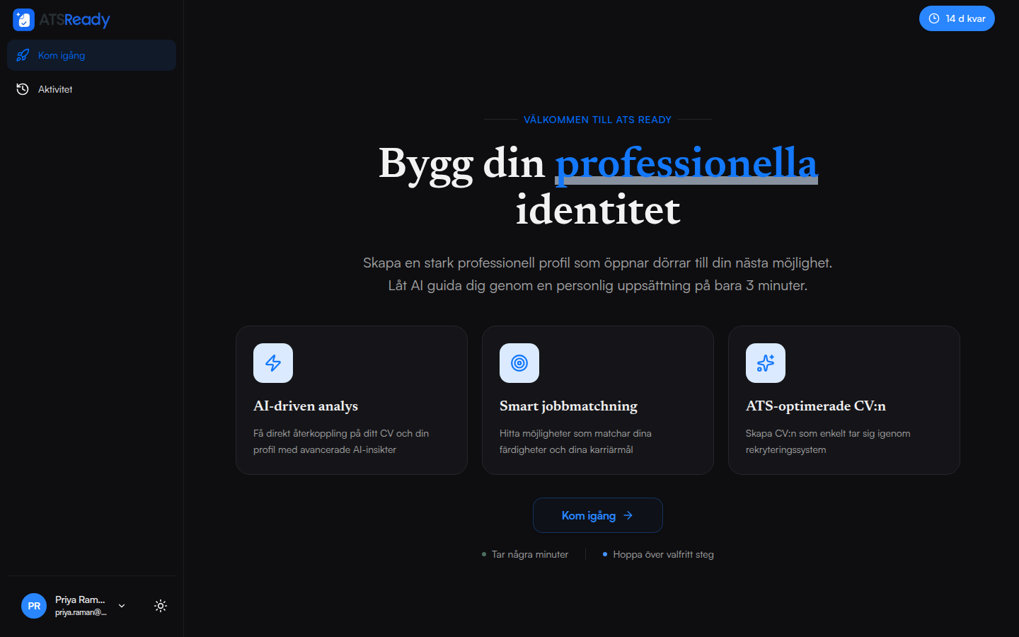 ATSReadys välkomstskärm efter inloggning, som erbjuder att påbörja inställningen.