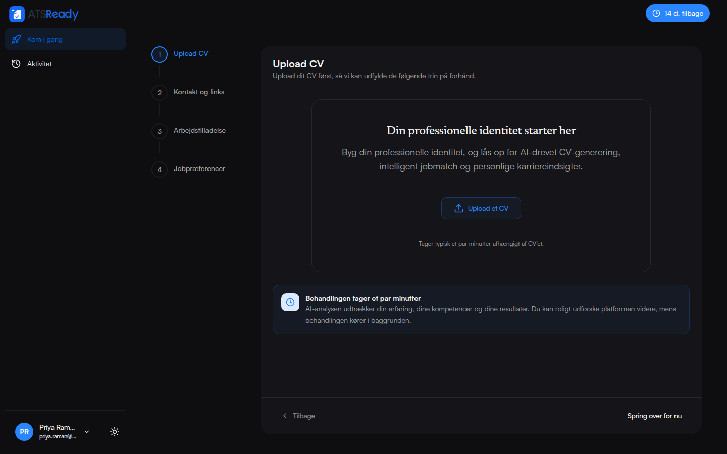 Trinnet med cv-upload, med de fire opsætningstrin i en sidebjælke ved siden af.