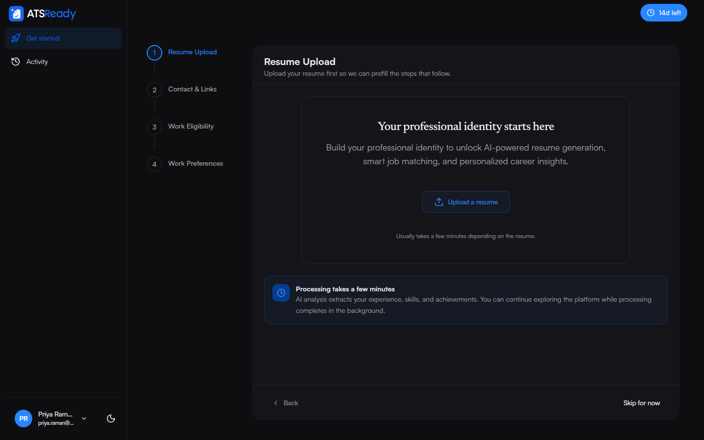 The Resume Upload step, with the four setup steps listed in a sidebar alongside it.