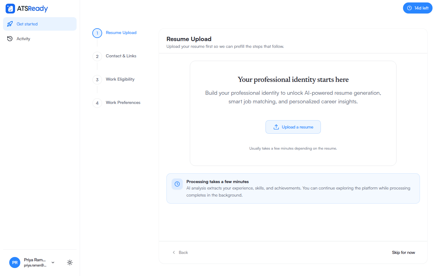 The Resume Upload step, with the four setup steps listed in a sidebar alongside it.