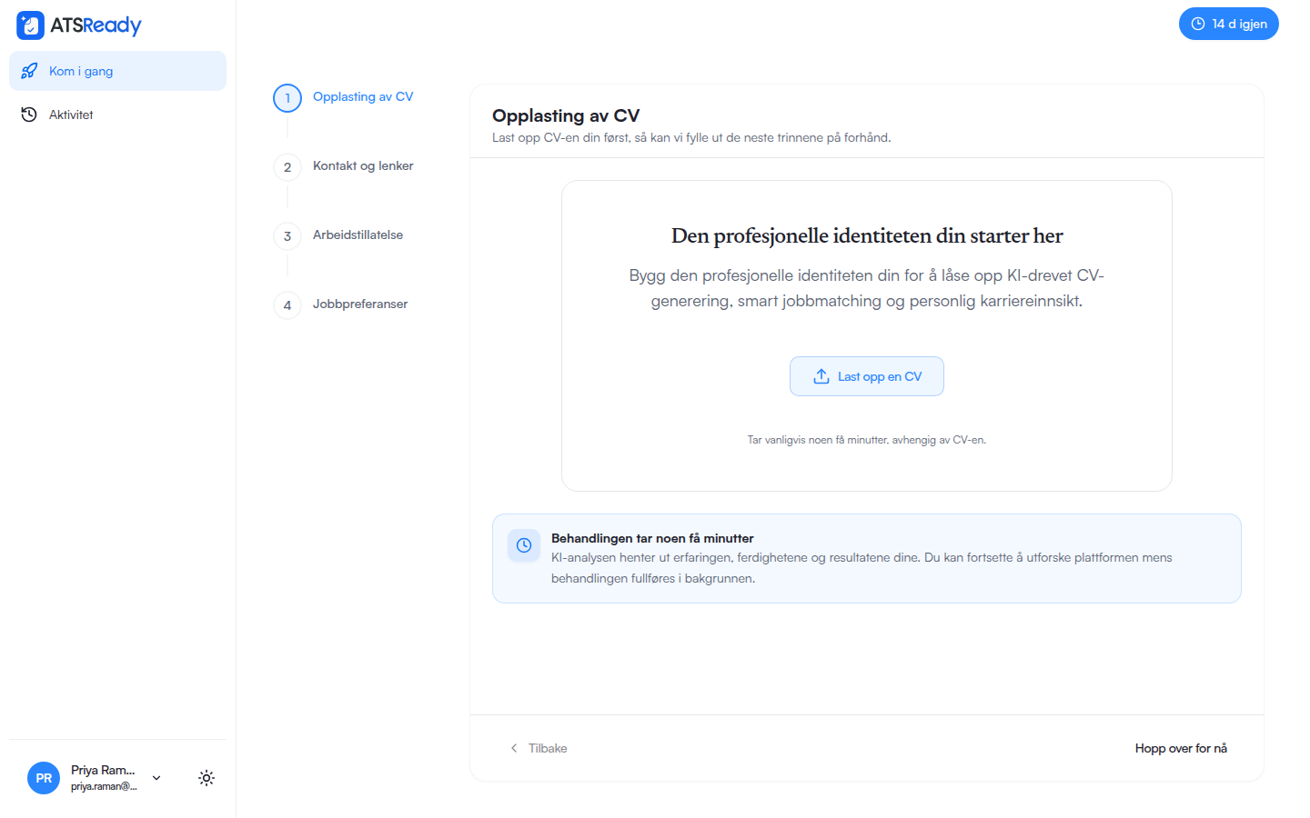 Steget for CV-opplasting, med de fire oppsettstegene i et sidefelt ved siden av.