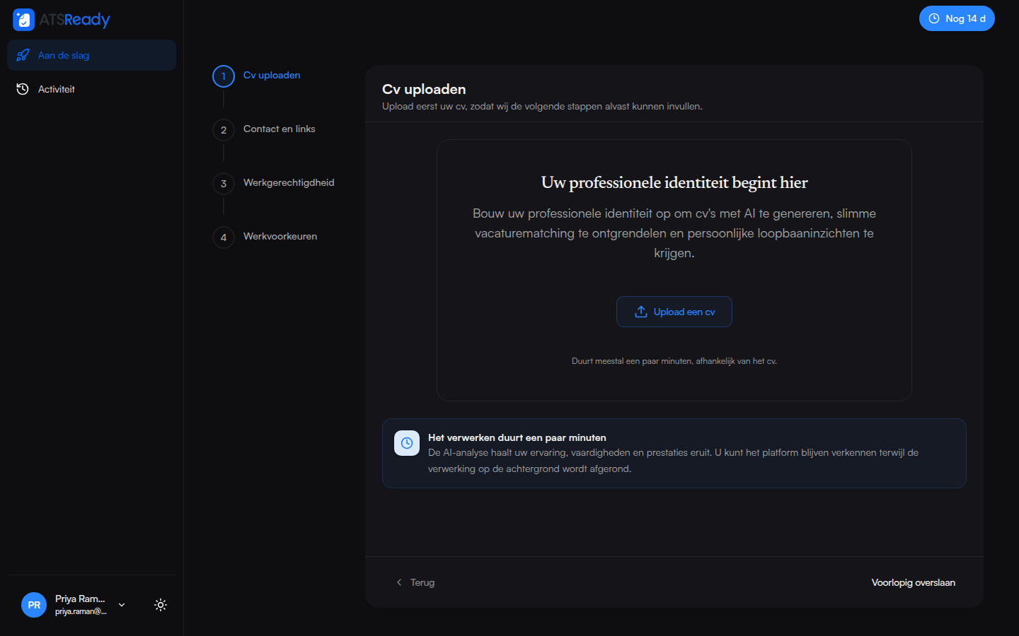 De stap cv uploaden, met de vier instelstappen ernaast in een zijbalk.