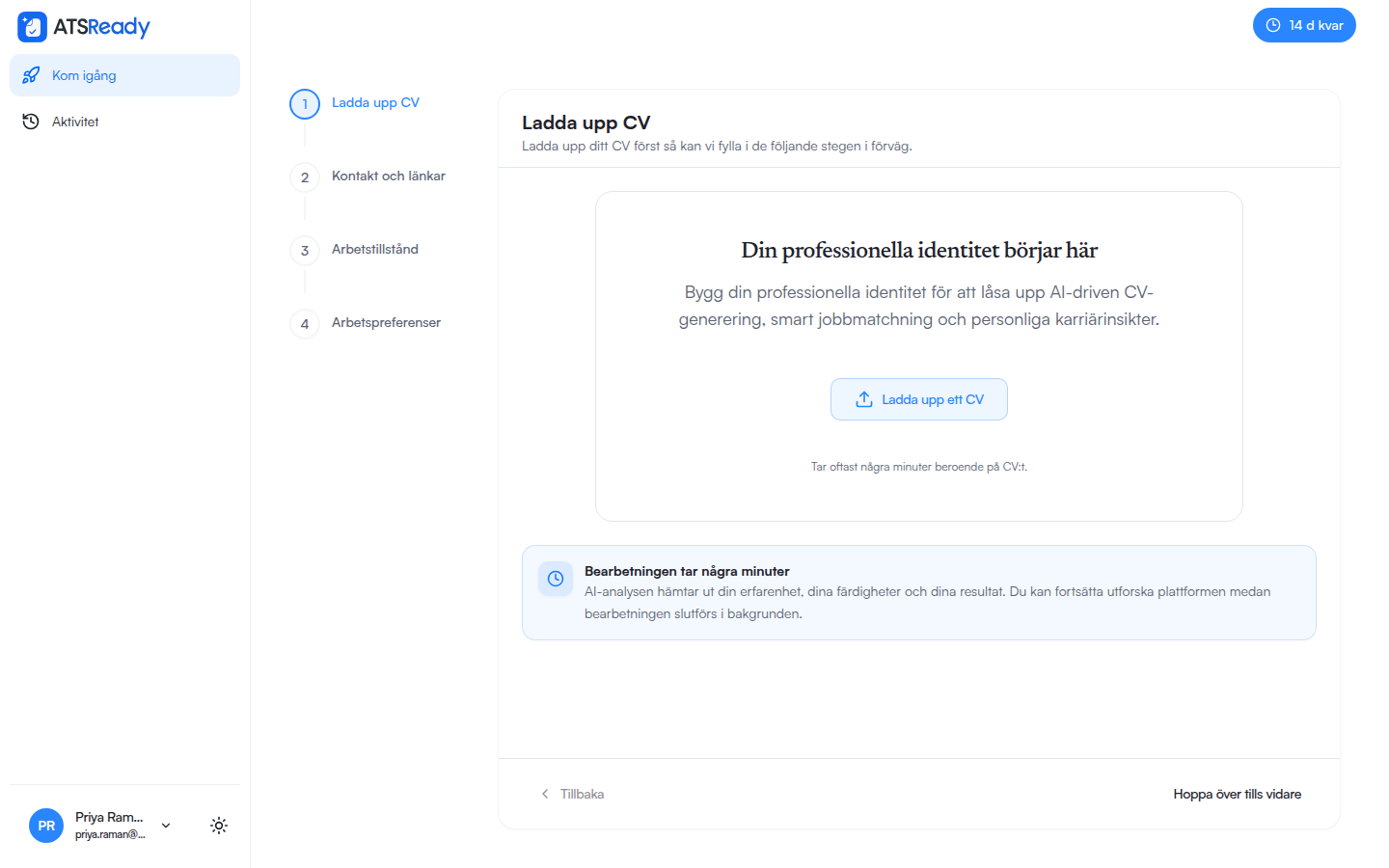 Steget för cv-uppladdning, med de fyra inställningsstegen i en sidopanel bredvid.