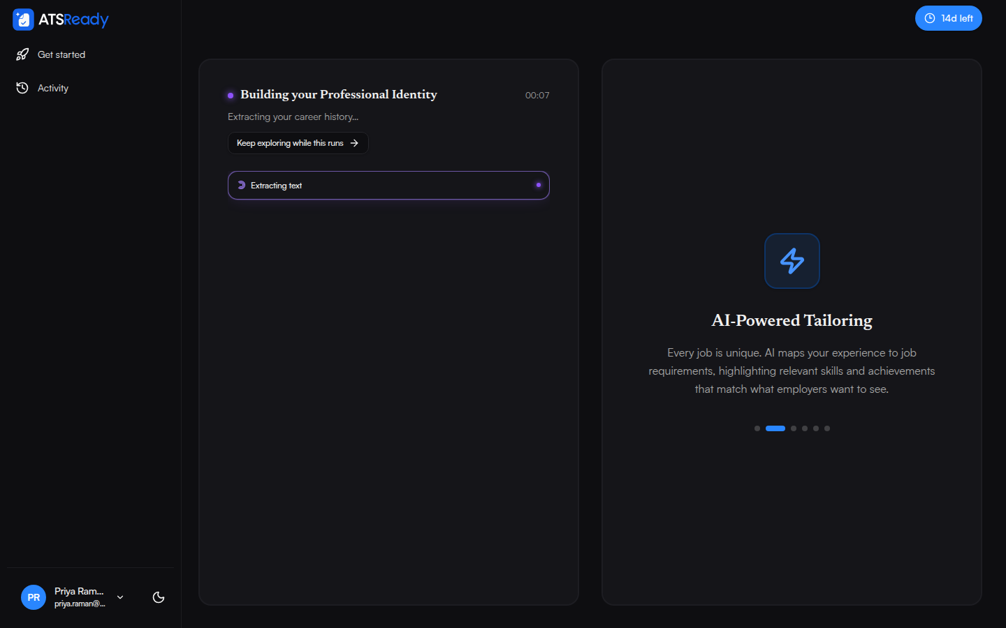 The résumé import in progress, showing a running timer and named processing stages.