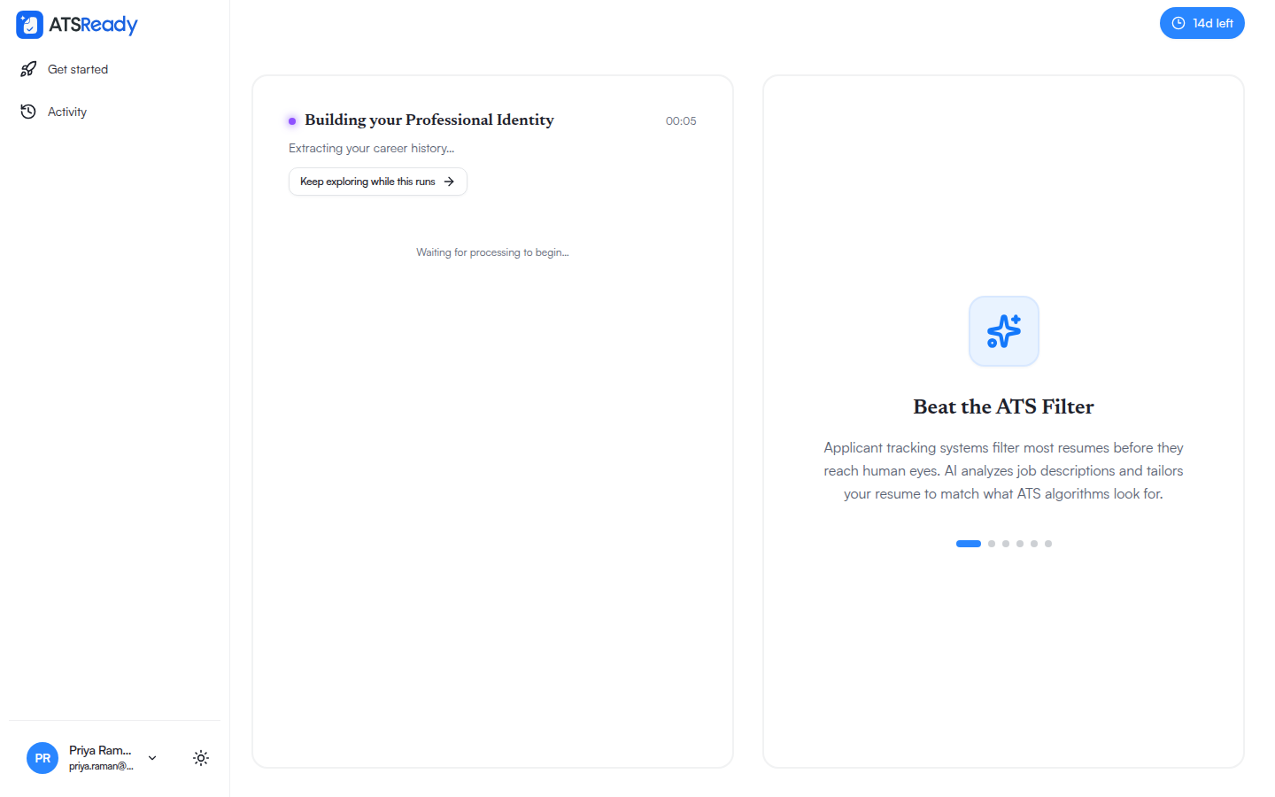 The résumé import in progress, showing a running timer and named processing stages.