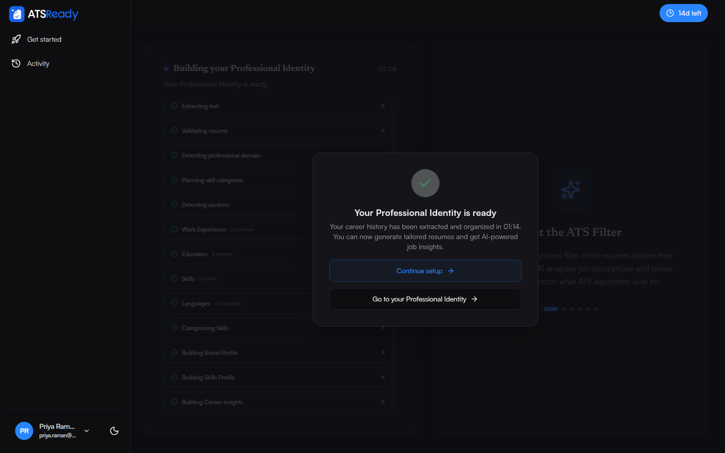 The completion screen reading Your Professional Identity is ready, with the elapsed time, the processing stages and counts of extracted positions, degrees, skills and languages.