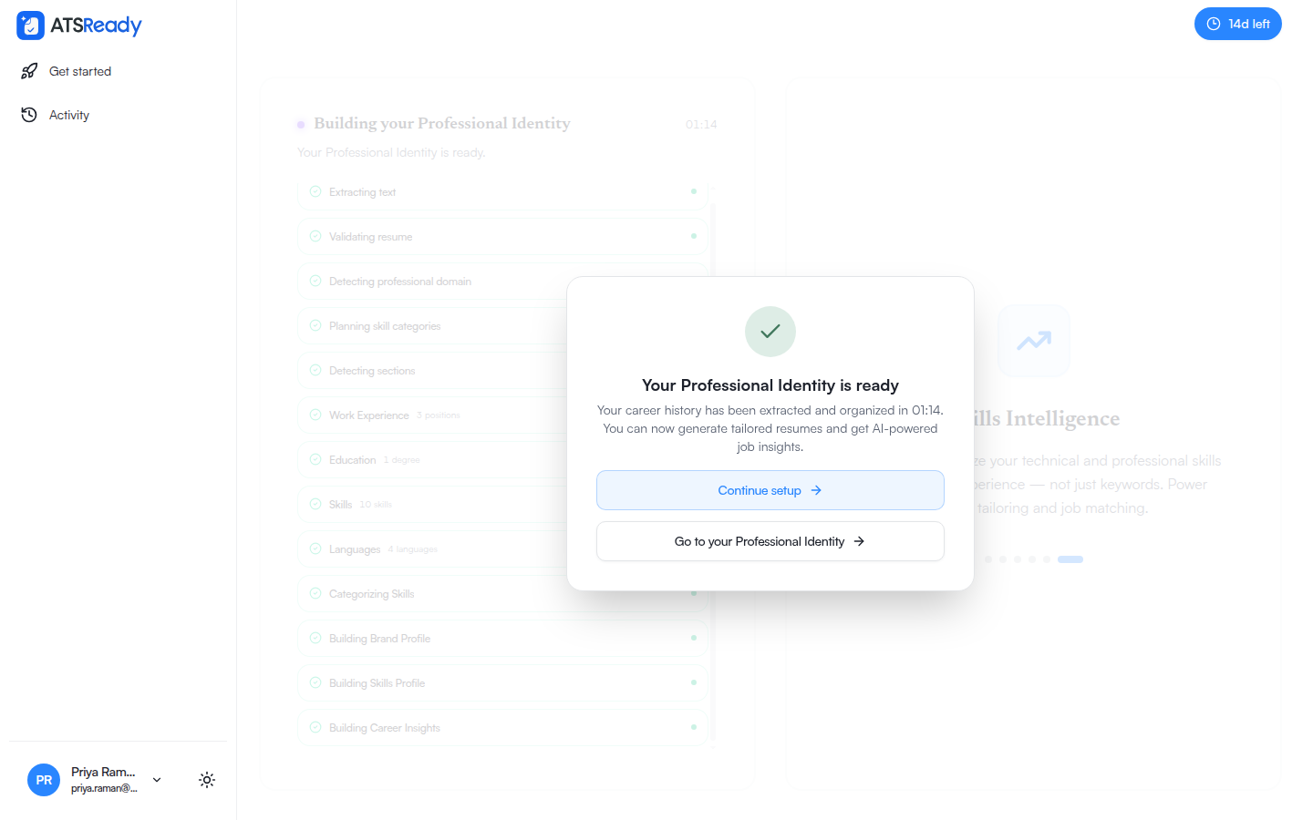 The completion screen reading Your Professional Identity is ready, with the elapsed time, the processing stages and counts of extracted positions, degrees, skills and languages.