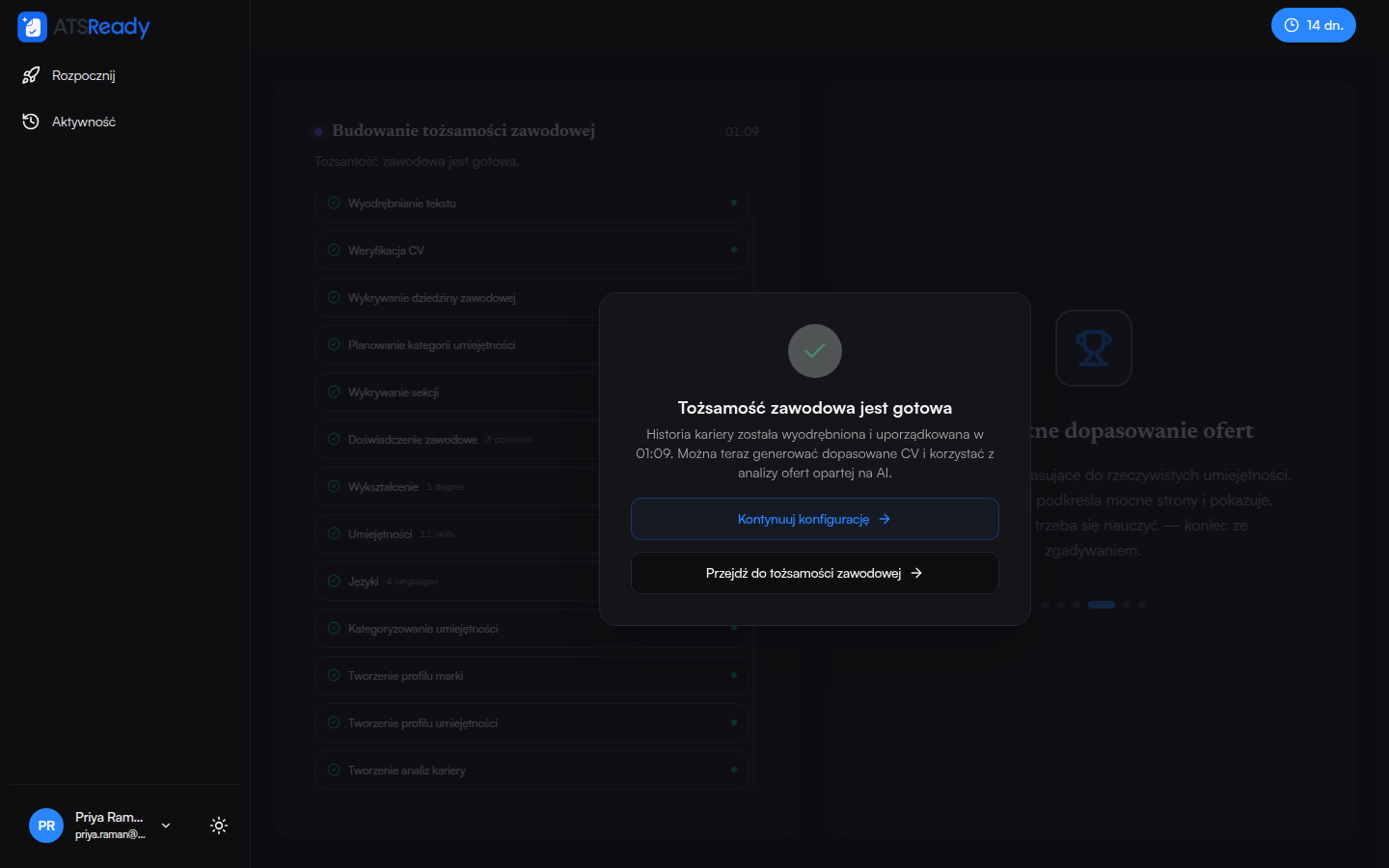 Ekran końcowy z informacją, że tożsamość zawodowa jest gotowa, z czasem, etapami przetwarzania i liczbą wyodrębnionych stanowisk, dyplomów, umiejętności i języków.
