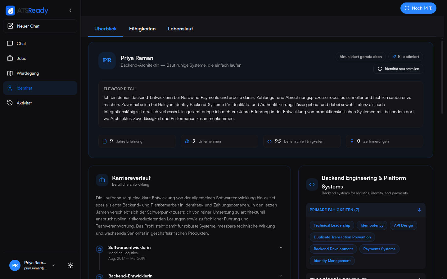 Der Bildschirm der beruflichen Identität mit Kurzvorstellung, beruflichem Zeitstrahl, Berufsjahren, Unternehmen und nach Kategorien gruppierten Fähigkeiten.