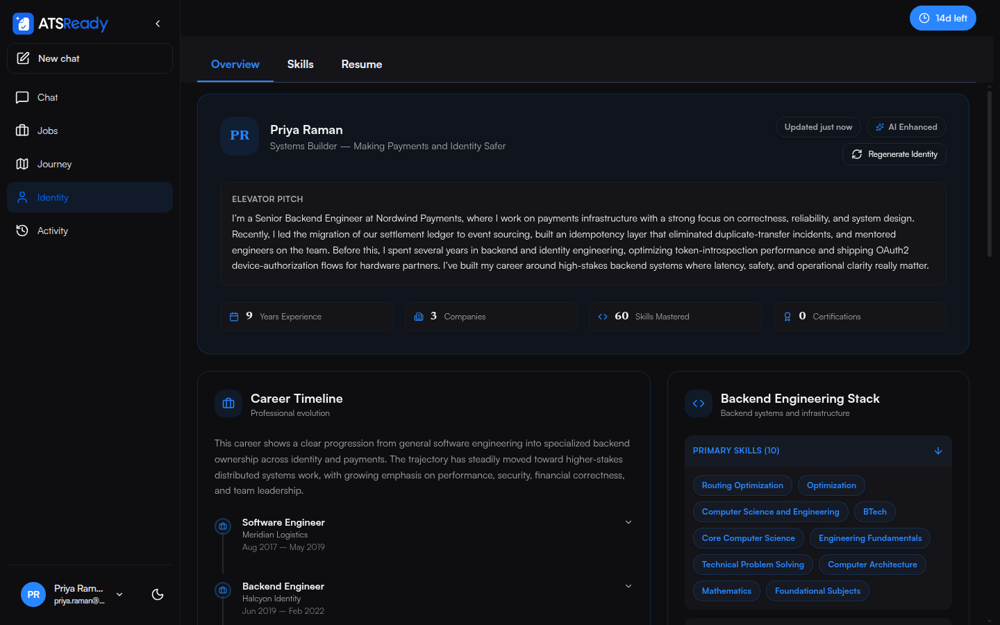 The Professional Identity screen showing an elevator pitch, career timeline, years of experience, companies, and skills grouped into categories.