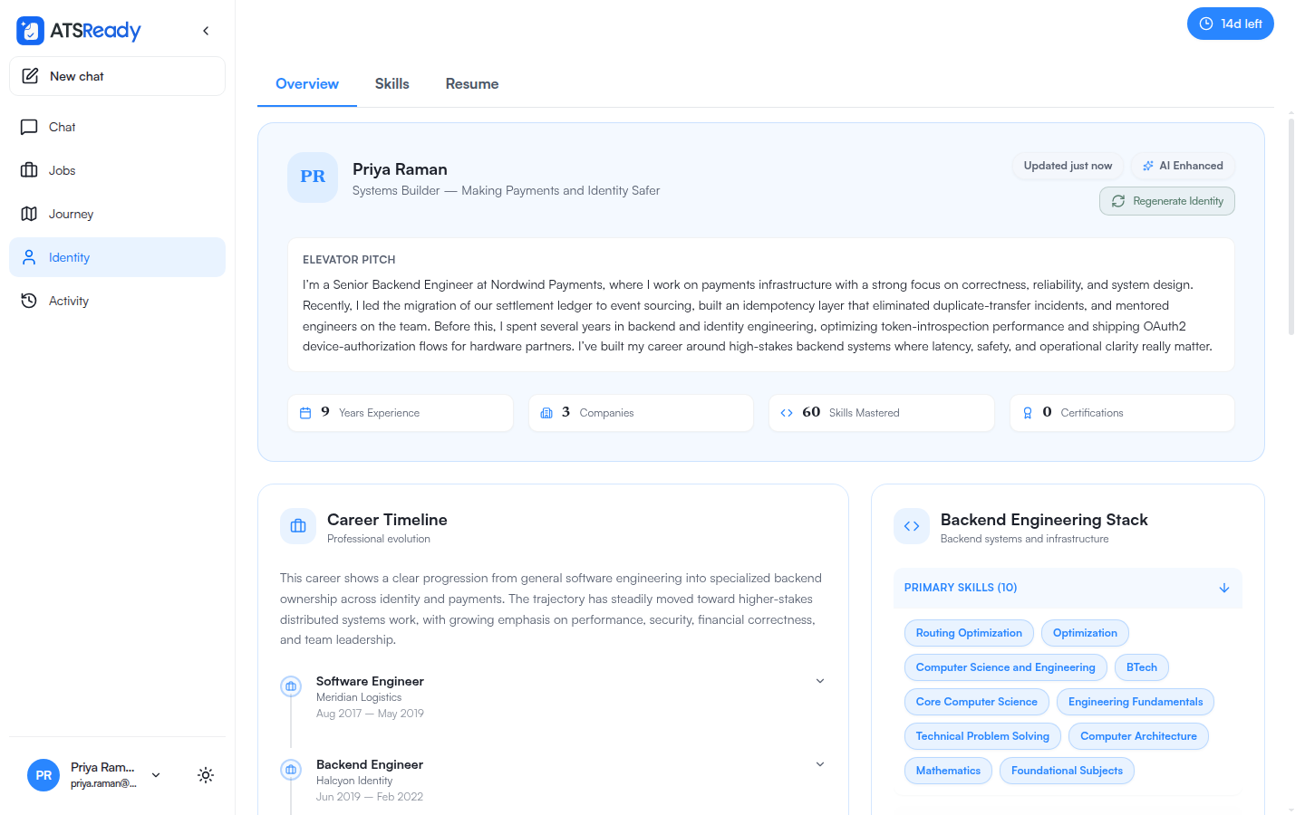 The Professional Identity screen showing an elevator pitch, career timeline, years of experience, companies, and skills grouped into categories.