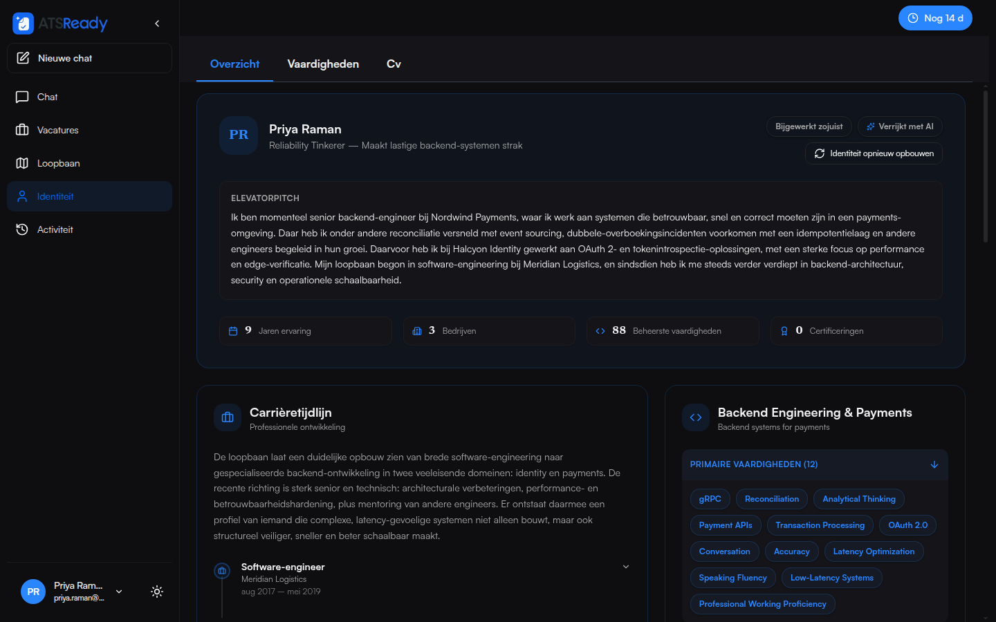 Het scherm professionele identiteit met een korte introductie, een loopbaantijdlijn, jaren ervaring, bedrijven en vaardigheden gegroepeerd per categorie.