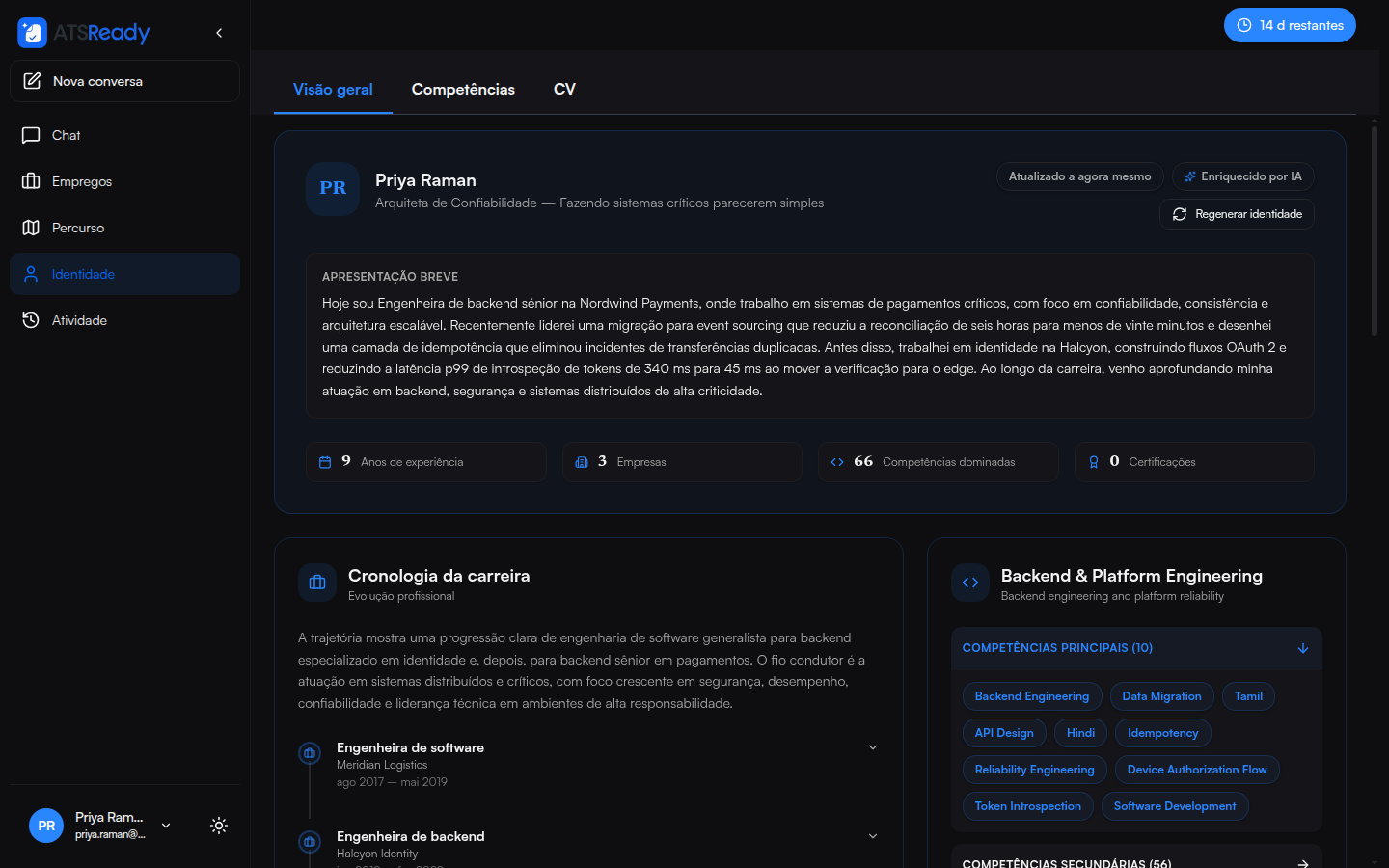 O ecrã da identidade profissional com uma breve apresentação, uma cronologia de carreira, anos de experiência, empresas e competências agrupadas por categoria.