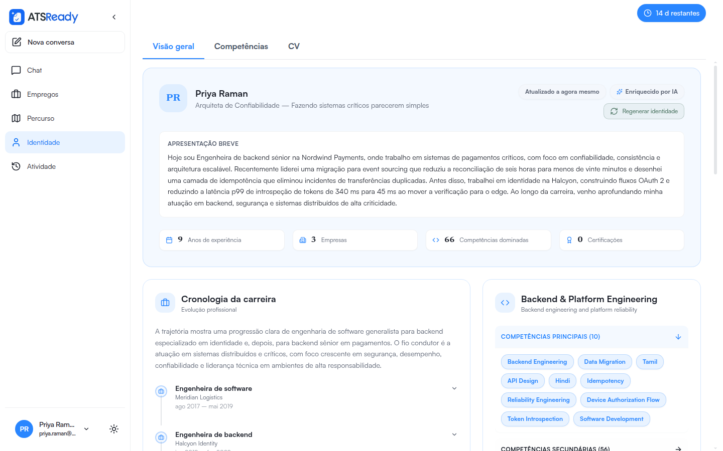 O ecrã da identidade profissional com uma breve apresentação, uma cronologia de carreira, anos de experiência, empresas e competências agrupadas por categoria.