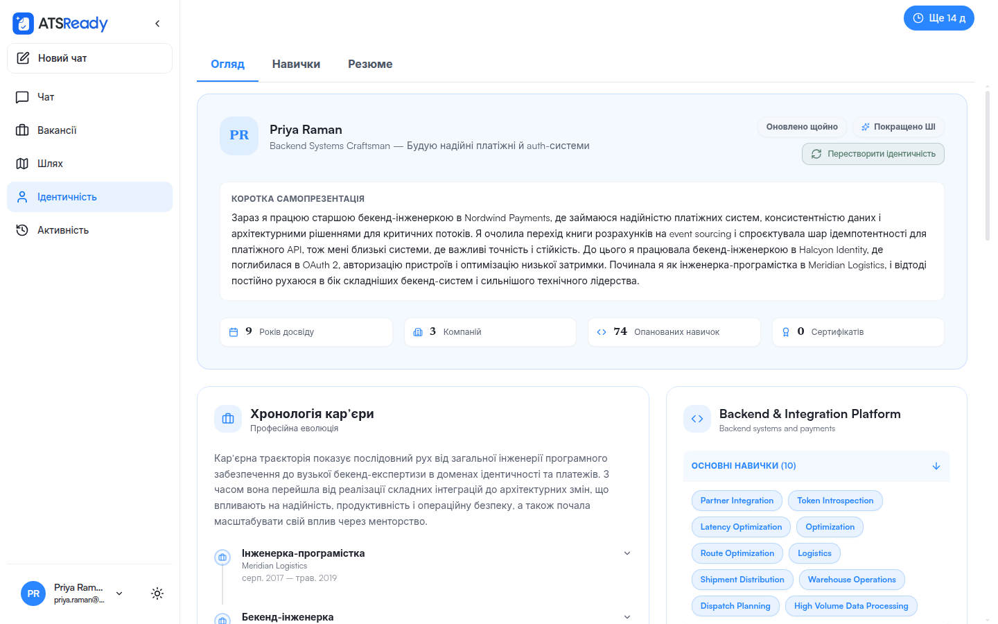Екран професійної ідентичності з коротким представленням, кар'єрною хронологією, роками досвіду, компаніями та навичками, згрупованими за категоріями.