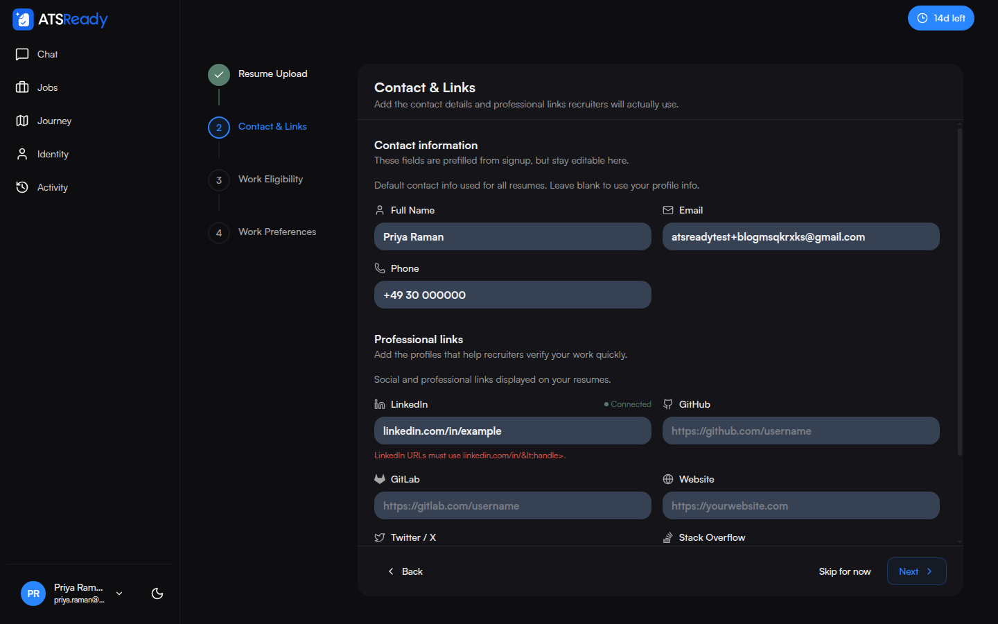 The Contact and Links setup step with fields already filled in.