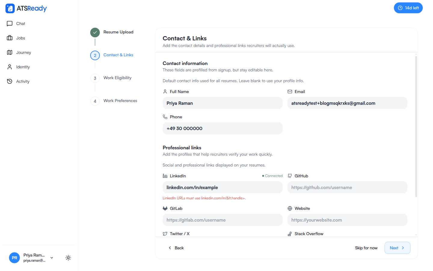 The Contact and Links setup step with fields already filled in.