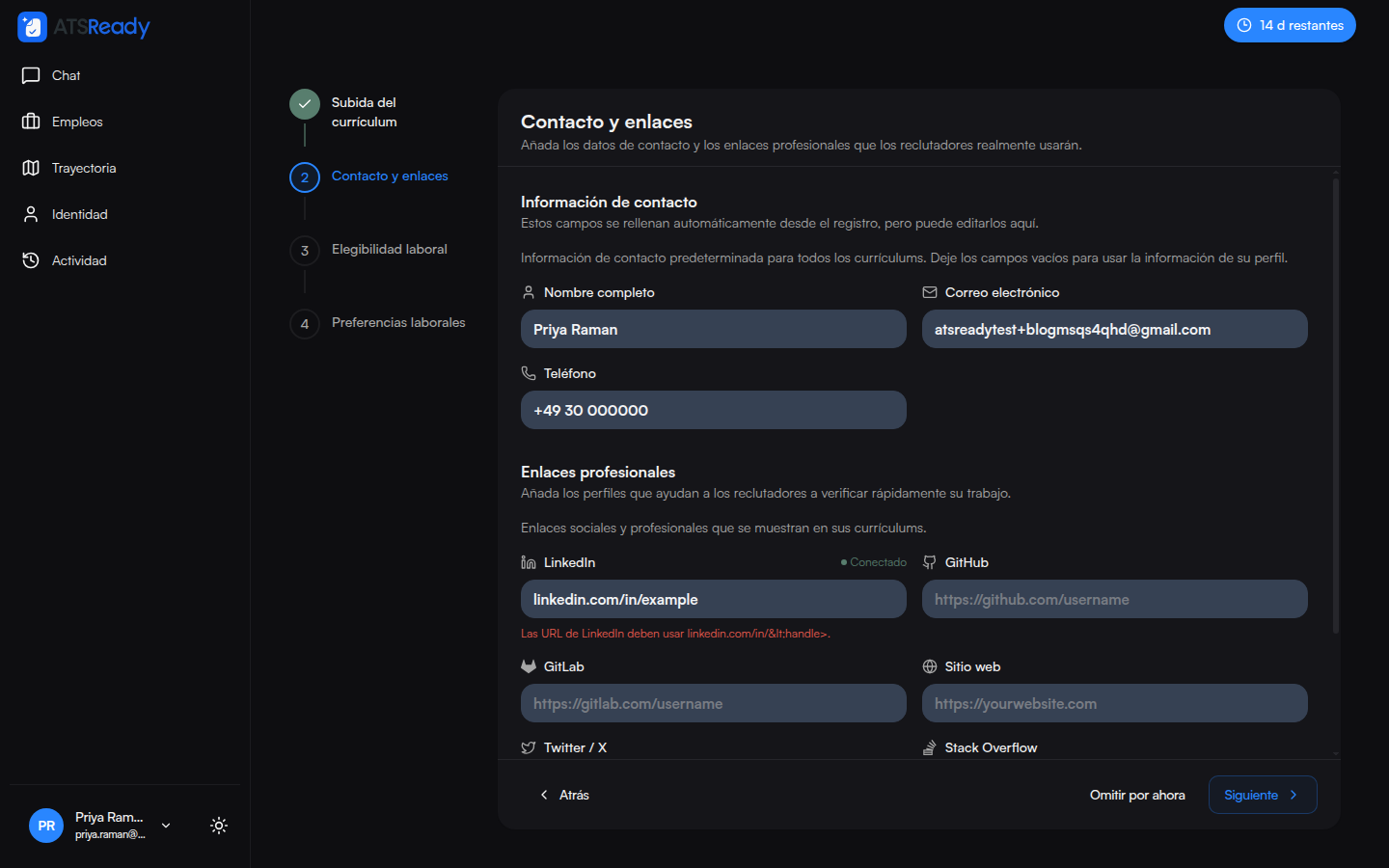 El paso de Datos de contacto y enlaces con los campos ya rellenados.