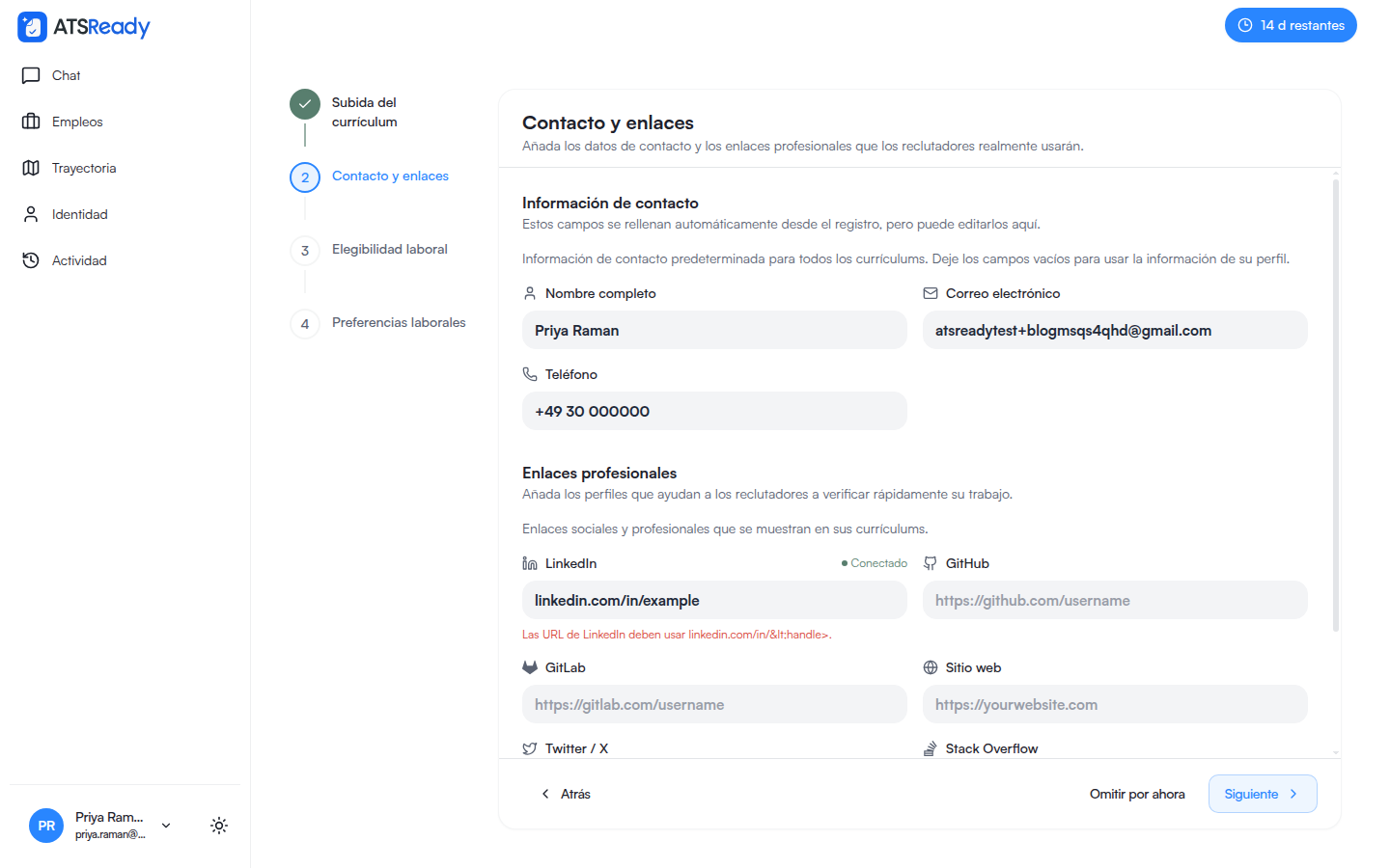 El paso de Datos de contacto y enlaces con los campos ya rellenados.