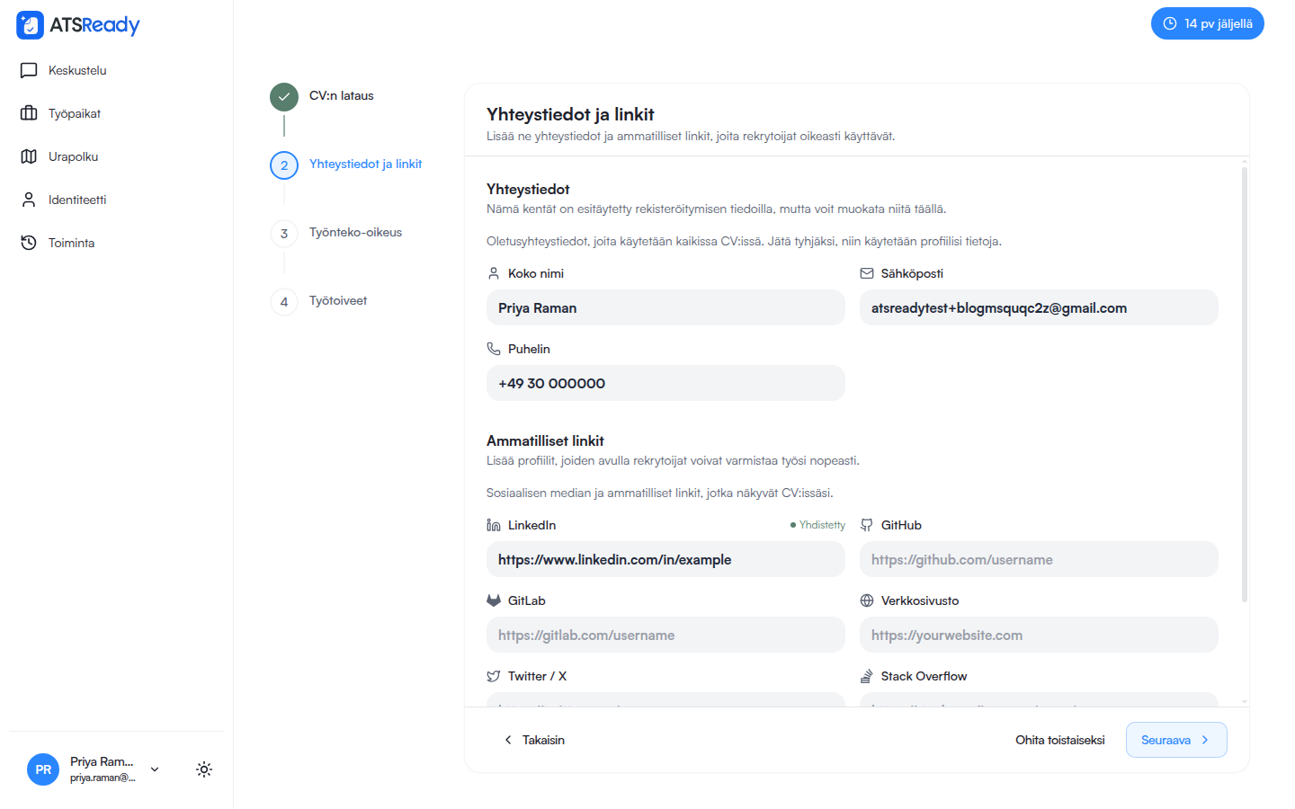 Yhteystiedot ja linkit -vaihe, jonka kentät on jo täytetty.