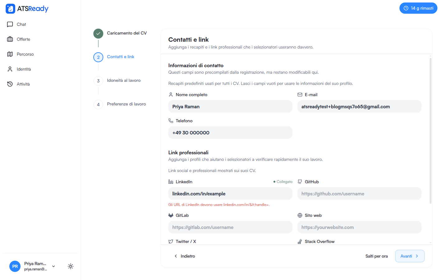 Il passaggio Contatti e link con i campi già compilati.