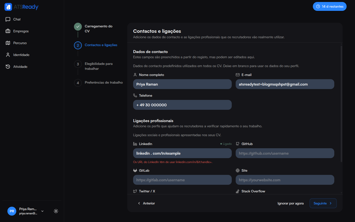 O passo Contactos e ligações com os campos já preenchidos.