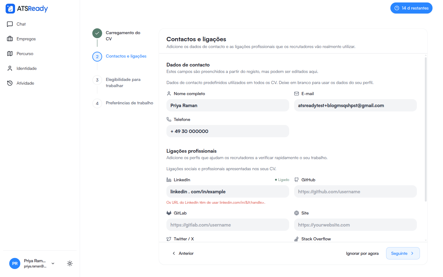 O passo Contactos e ligações com os campos já preenchidos.
