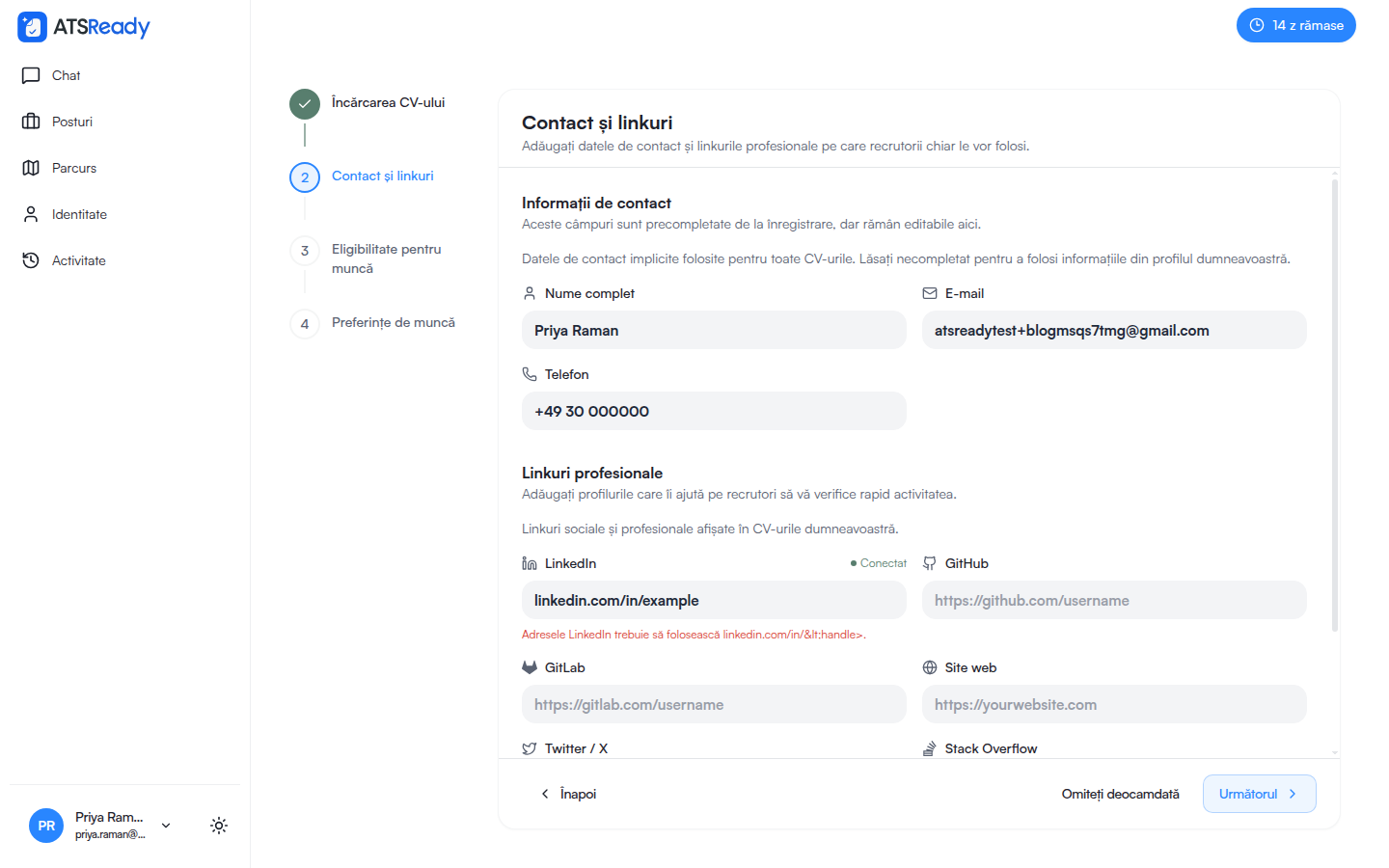 Pasul Date de contact și linkuri cu câmpurile deja completate.
